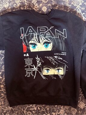Hybrid & company Black Sweatshirt with Bright Blue Anime Eyes